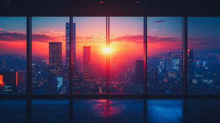 Fototapeta premium A city skyline with a beautiful sunset in the background. The sky is filled with a warm orange glow, and the buildings are illuminated by the sun. The scene is peaceful and serene