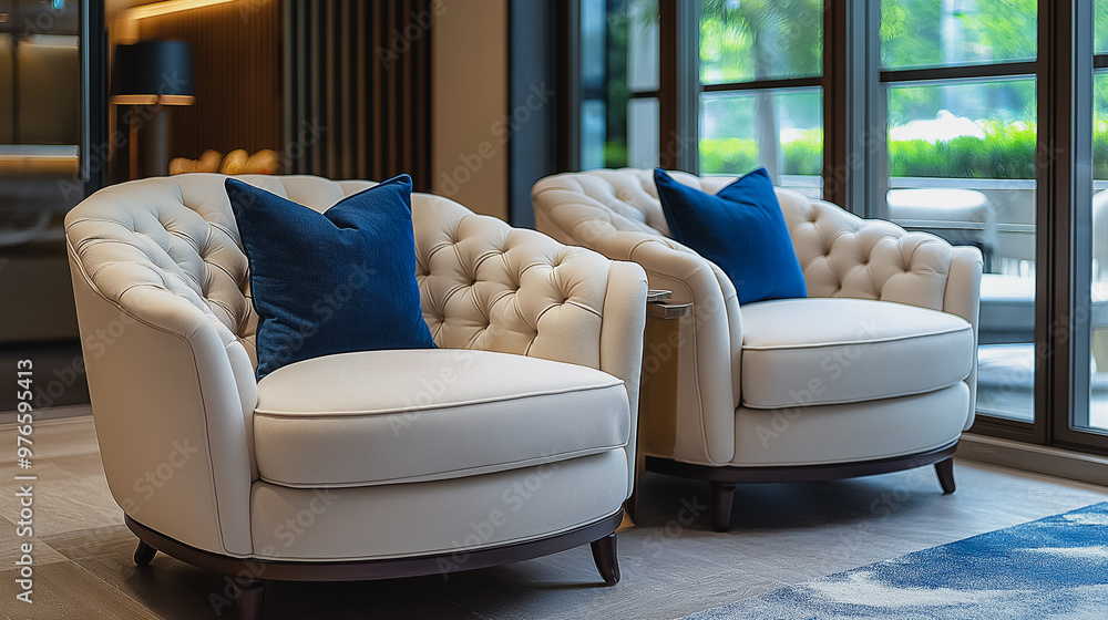 Poster two white chairs with blue pillows are sitting in front of a window. the chairs are arranged in a wa