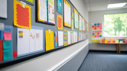 A classroom bulletin board filled with educational posters and student artwork, classroom bulletin board, educational posters, student artwork