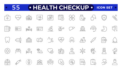 Health checkup line icon set with health care, institution, patient, science, medical equipment, general and emergency department. Medical care patient diagnosis icon collection.