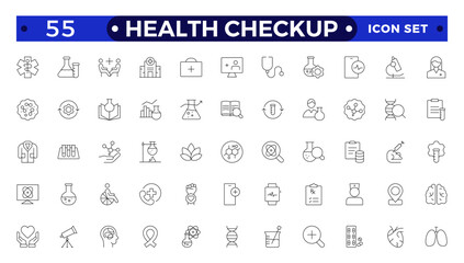 Health checkup line icon set with health care, institution, patient, science, medical equipment, general and emergency department. Medical care patient diagnosis icon collection.