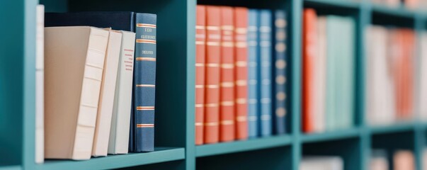 A close-up of a bookshelf filled with textbooks, novels, and reference books, bookshelf, textbooks, reference books