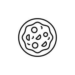 Whole pizza icon. A minimalistic outline design representing a whole pizza with various toppings. Ideal for use in culinary projects, restaurant branding, and food-related designs. Vector illustration