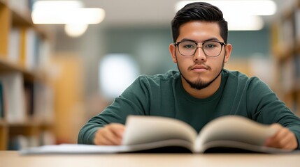A student sitting at a desk, focused on reading a textbook, student, reading, textbook