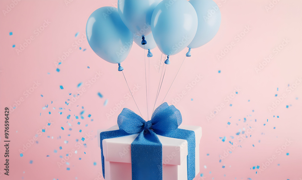 Wall mural a gift box with blue balloons and confetti on a pink background.