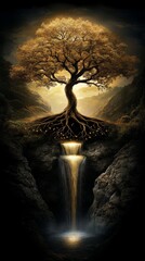 A majestic depiction of the Tree of Life standing tall in a lush paradise garden The trees branches are filled with glowing fruit and its roots extend deep into the ground with rivers of light flowing