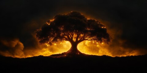 A majestic depiction of the Tree of Life standing tall in a lush paradise garden The trees branches are filled with glowing fruit and its roots extend deep into the ground with rivers of light flowing