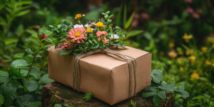 A brown box with flowers on top of it