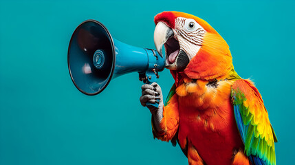 A funny parrot holding a megaphone and announcing , Parrot holding a blue megaphone against a colorful background, communication concept