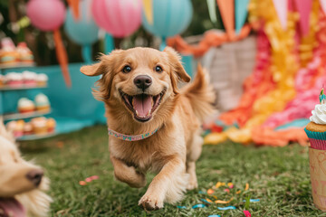 A dog is running in a grassy field with a colorful backdrop