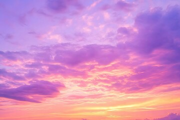 Obraz premium sunset cloudscape Panoramic with rich purple and pink tones blending into orange at horizon, tranquil evening sky view, natural dusk setting, soft wispy cloud formation, twilight backdrop, ai