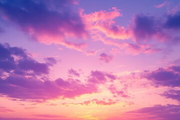 Fototapeta premium sunset cloudscape Panoramic with rich purple and pink tones blending into orange at horizon, tranquil evening sky view, natural dusk setting, soft wispy cloud formation, twilight backdrop, ai