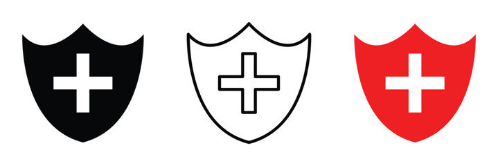Fototapeta premium Health shield icon with safety check badge plus vector. Secure plus mark for quality guard guarantee. Isolated protect plus for medical business or antivirus warranty emblem design in eps 10.