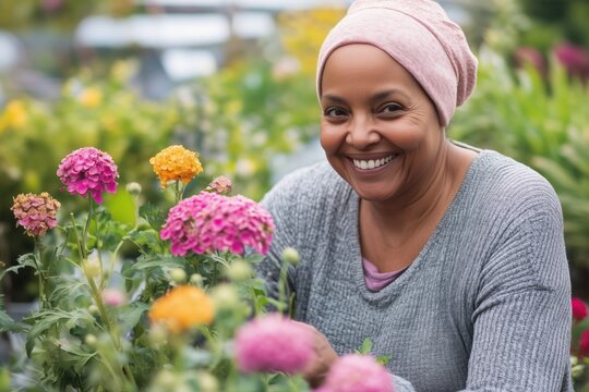 A cancer survivor smiling in a garden with colorful flowers