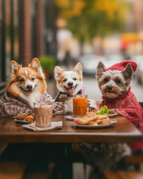 Naklejki Three dogs are sitting at a table with food and drinks
