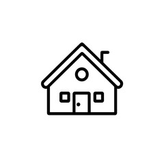 A minimalist black outline rendering of a house depicting a cozy home with a chimney, door, and windows, illustrating comfort and security in design