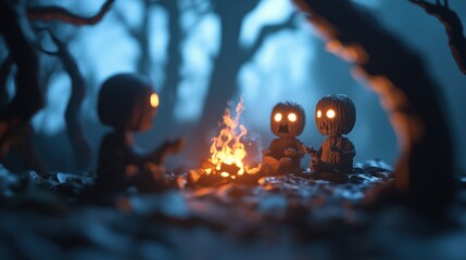 Ghostly figures around a campfire in a dark forest