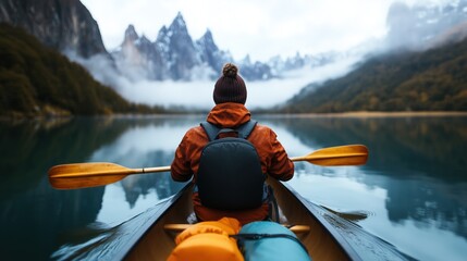 Lone traveler canoeing on misty mountain lake