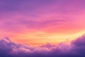 Obraz premium sunset cloudscape Panoramic with rich purple and pink tones blending into orange at horizon, tranquil evening sky view, natural dusk setting, soft wispy cloud formation, twilight backdrop, ai