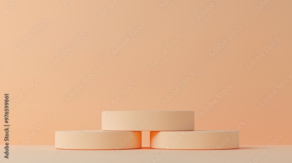 Poster a minimalist composition featuring three circular objects against a soft peach background, perfect f