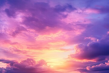 Obraz premium sunset cloudscape Panoramic with rich purple and pink tones blending into orange at horizon, tranquil evening sky view, natural dusk setting, soft wispy cloud formation, twilight backdrop, ai