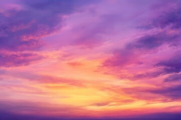 sunset cloudscape Panoramic with rich purple and pink tones blending into orange at horizon, tranquil evening sky view, natural dusk setting, soft wispy cloud formation, twilight backdrop, ai