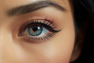 Fototapeta premium Make up girl's eyes turquoise blue eyes Wear eyeliner and apply black mascara.
