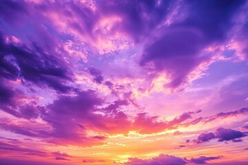 Fototapeta premium sunset cloudscape Panoramic with rich purple and pink tones blending into orange at horizon, tranquil evening sky view, natural dusk setting, soft wispy cloud formation, twilight backdrop, ai