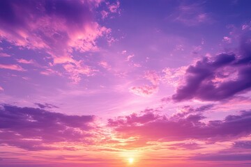 Fototapeta premium sunset cloudscape Panoramic with rich purple and pink tones blending into orange at horizon, tranquil evening sky view, natural dusk setting, soft wispy cloud formation, twilight backdrop, ai