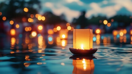 Floating lanterns on water during Diwali celebration