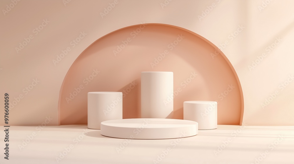 Poster minimalist display with geometric shapes on a soft peach background, ideal for product showcases and