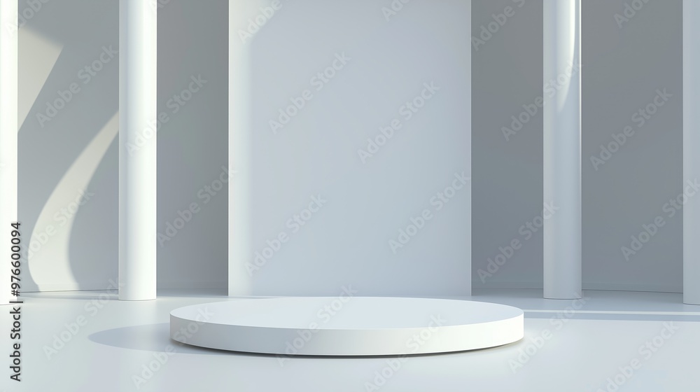 Poster minimalist showcase platform in a bright space, ideal for displaying products or art in a modern set
