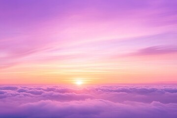 Fototapeta premium sunset cloudscape Panoramic with rich purple and pink tones blending into orange at horizon, tranquil evening sky view, natural dusk setting, soft wispy cloud formation, twilight backdrop, ai