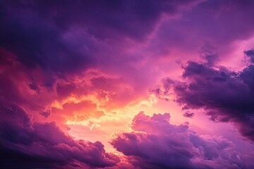 sunset cloudscape Panoramic with rich purple and pink tones blending into orange at horizon, tranquil evening sky view, natural dusk setting, soft wispy cloud formation, twilight backdrop, ai