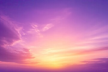 Obraz premium sunset cloudscape Panoramic with rich purple and pink tones blending into orange at horizon, tranquil evening sky view, natural dusk setting, soft wispy cloud formation, twilight backdrop, ai