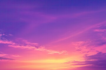 Obraz premium sunset cloudscape Panoramic with rich purple and pink tones blending into orange at horizon, tranquil evening sky view, natural dusk setting, soft wispy cloud formation, twilight backdrop, ai