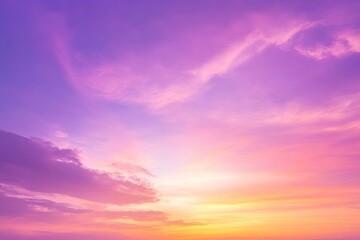 Fototapeta premium sunset cloudscape Panoramic with rich purple and pink tones blending into orange at horizon, tranquil evening sky view, natural dusk setting, soft wispy cloud formation, twilight backdrop, ai