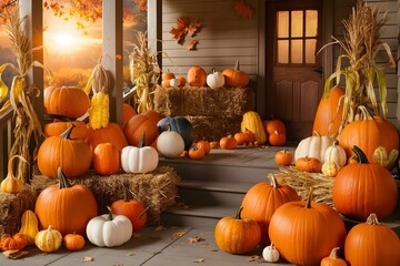 Fall season pumpkin harvest on farmhouse 