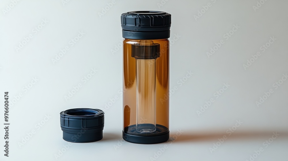 Poster a transparent amber container with a removable lid for storage.