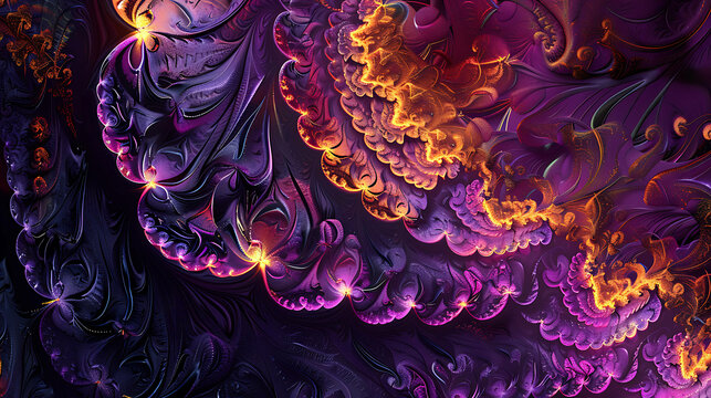 Abstract fractal art with swirling purple and orange patterns.