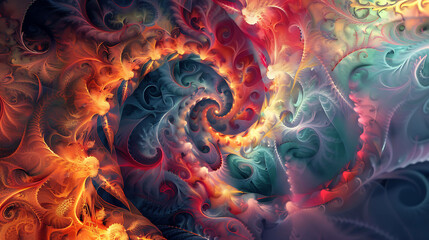 Abstract swirling fractal art in vibrant colors.