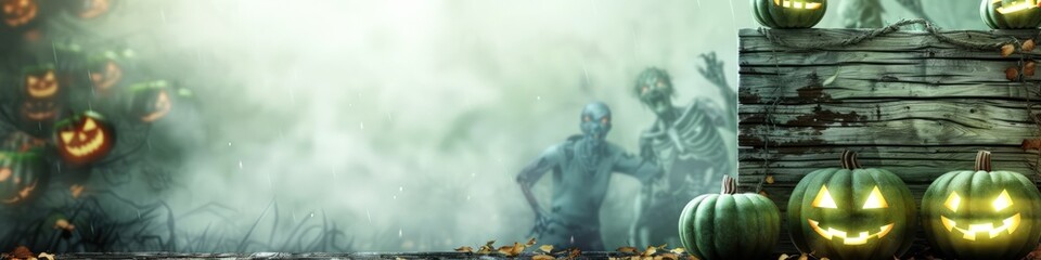 Fototapeta premium Olive green pumpkins glowing softly, zombies emerging from shadows, and a rustic wooden board for text with a foggy backdrop.