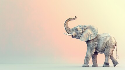 Fototapeta premium Elephant Walking Away with Trunk Raised on White Background