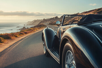 Vintage luxury car driving along a scenic coastal road 