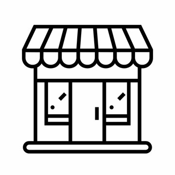 recommend clip art: The storefront icon showcases a small building with a distinct striped awning and two front windows, representing a typical retail space
