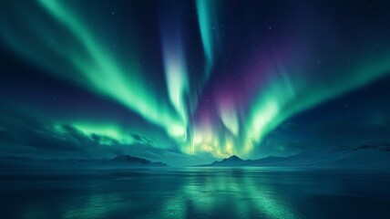 Aurora Borealis Over Frozen Lake with Mountains