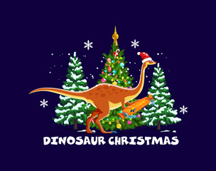 Dinosaur Christmas greetings, funny dino Santa with gift for winter holiday, cartoon vector. Jurassic dino lizard or happy dinosaur with Christmas pine tree, snowflakes and gift in candy wrapper