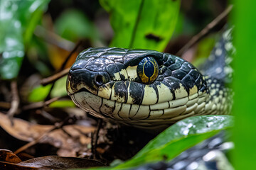 Snake shedding its skin on a forest floor
