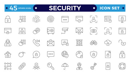 Security  Outline icons set. Protection symbols. Security symbols vector. Safety, security, protection thin line icons. For website marketing design, , app, template, UI. Editable stroke outline icon
