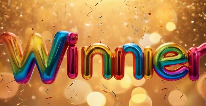 Rainbow Color big volume letters Winner floating over festive blurred bokeh golden background. Concept for success with shiny air balloons